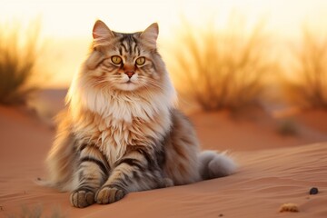 Portrait of a smiling siberian cat isolated in backdrop of desert dunes