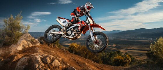 motorcycle stunt or car jump, A off road moto cross type motor bike in mid air during a jump with a...