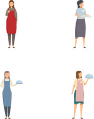 Obraz premium Collection of four diverse women characters in service uniforms, holding trays and plates