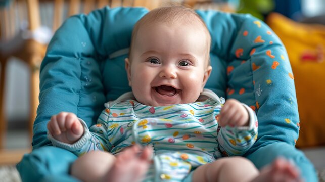 Joyful Baby in Bouncy Seat Smiling and Kicking with Delight