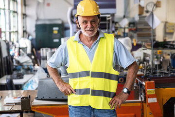 The portrait of a senior worker supervisor stands confidently on the factory line, overseeing the...