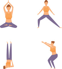 Collection of four vector illustrations showing different yoga poses, suitable for wellness and fitness content