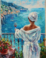 painting of a woman in white bathrobe, holding a glass of red wine on a balcony and enjoying the view of the French Riviera