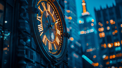 Close-up of an illuminated clock tower in a city at night, with bokeh lights in the background.