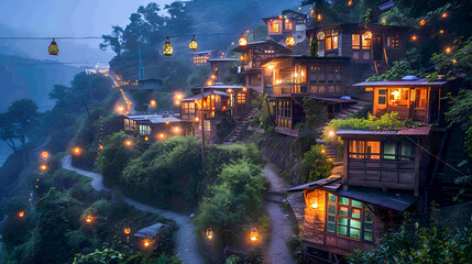 Enchanting Nightscape of a Mountain Village with Lantern-Lit Wooden Houses and Starry Night Sky