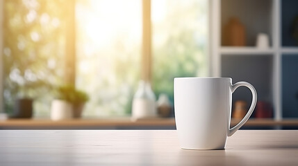 Obraz premium White Mug MockUps Coffee Cup on dinning table in kitchen in morning