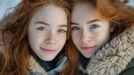 Obraz premium Young attractive ginger haired twin sisters looking at the camera wearing winter coats. 