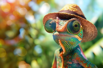 Fototapeta premium Colorful Chameleon in Sunglasses and Straw Hat on Blurred Background