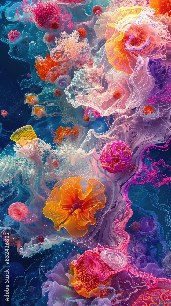 Wall mural Psychedelic underwater reef with swirling colors and abstract coral shapes, vibrant and surreal, digital art, dreamlike and hypnotic,