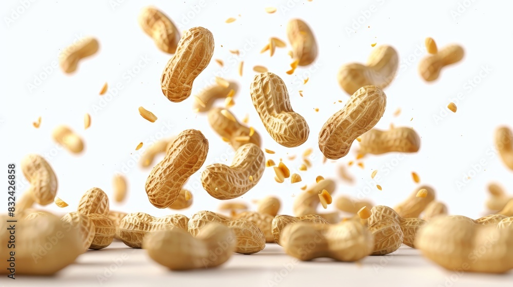 Poster elegant nuts gracefully floating and gently cascading on a pristine white background