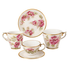 A porcelain set with saucers and cups. Ornament with pink flowers, white porcelain, gold border.