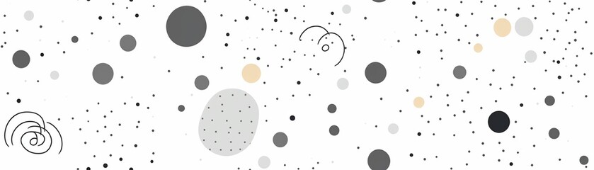 Abstract pattern with various geometric shapes of dots and circles in grayscale on white background. Minimalistic and modern artwork.