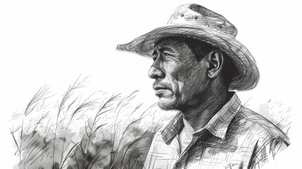 A black and white portrait of a farmer wearing a hat looking out over a field of wheat.
