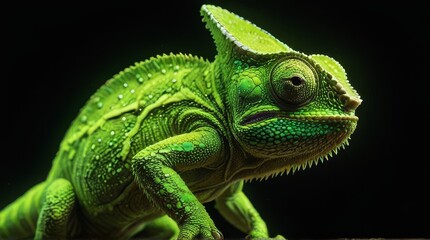 Green Chameleon on Black Background