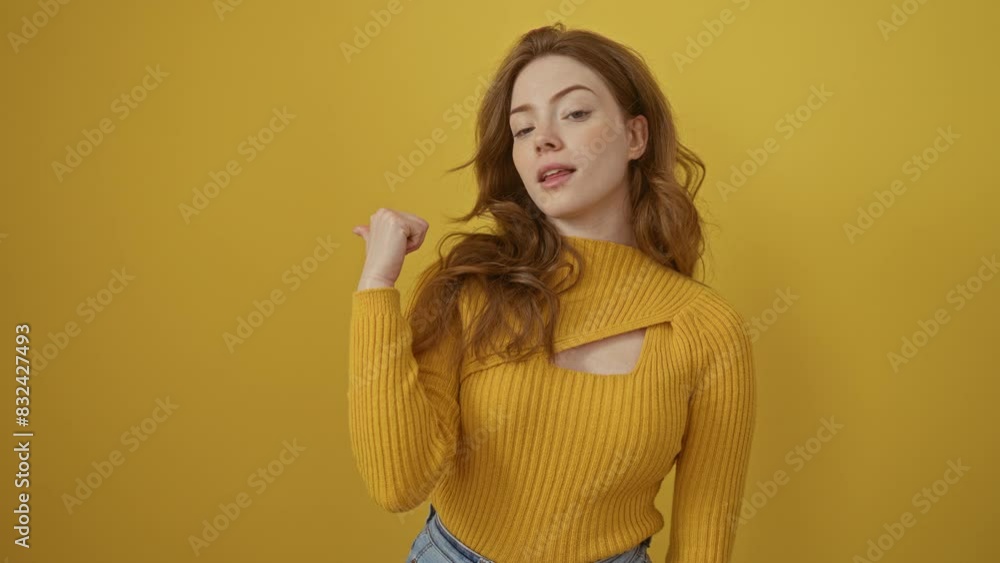 Sticker Young caucasian woman wearing sweater standing smiling with happy face looking and pointing to the side with thumb up. over isolated yellow background