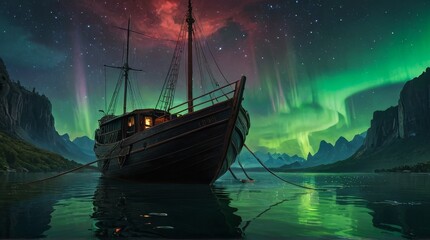 Wooden Boat Under the Northern Lights