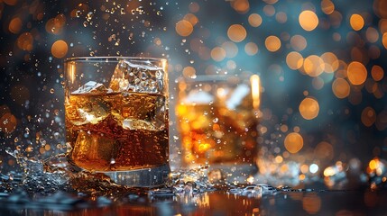 High-speed close-up of whiskey glasses toasting, capturing the splash and ice cubes in mid-air, detailed textures, warm and rich colors, blurred background, dynamic and sophisticated.