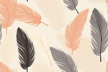 Seamless pattern of artistic feathers in soft pastel shades of peach, beige, and gray, creating a calming and elegant background design.