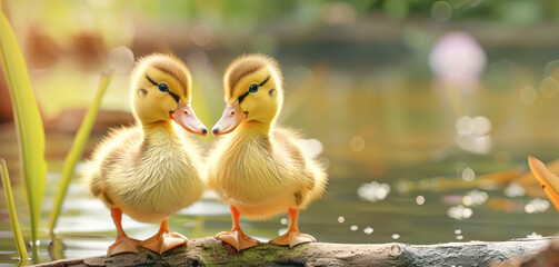 A heartwarming image of two cute ducklings standing side by side, illuminated by soft, golden sunlight.