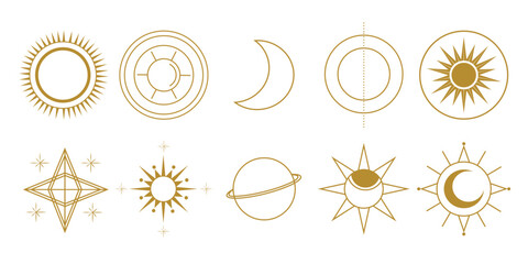 Mystical Sun and Moon Symbols: A versatile collection of gold line art symbols, and various sun and moon designs, ideal for use in branding, logos, decorative elements with a cosmic or spiritual theme