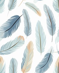 Seamless pattern of light blue and beige feathers on a white background. Perfect for textiles, wallpapers, and other creative projects.