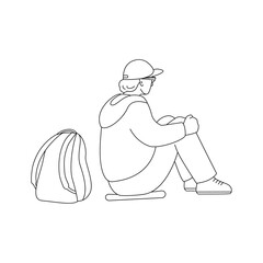 A man tourist with backpack is sitting. Side view. Vector isolated illustration in line style.