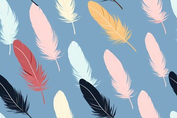 Seamless pattern with colorful feathers on a blue background. Perfect for textiles, wallpapers, and background designs.