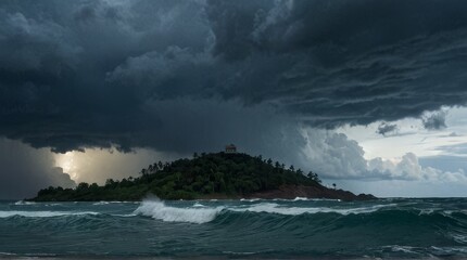 Stormy seascape with dark clouds and waves crashing on shore