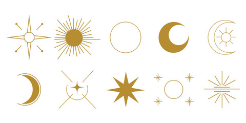Cosmic geometric icons: An assortment of abstract, geometric astral illustrations in gold, showcasing intricate sunburst patterns and celestial motifs for sophisticated and mystical, or astrology-them
