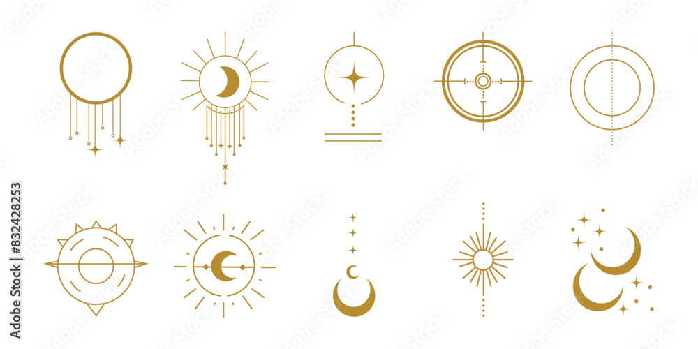 Wall mural set of line art celestial and esoteric icons, vector illustration, white isolated background, gold c