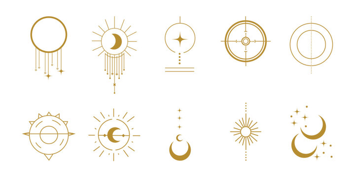 Set of  line art celestial and esoteric icons, vector illustration, white isolated background, gold color palette, thin lines, simple shapes, minimalistic design elements, moon phases, dreamcatcher sy