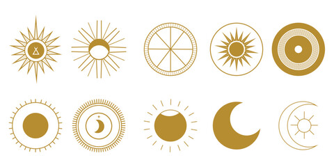 Mystical icons set with moon phases, and sun on a white isolated background. Astrological signs in a trendy linear minimalist style. 