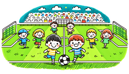 Obraz premium Children Playing Soccer on Field with Cheering Spectators