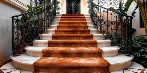 Luxurious home entrance with terracotta carpeted stairs classic iron railing and warm accents. Concept Luxurious Home Decor, Terracotta Stairs, Iron Railing, Warm Accents, Classic Design