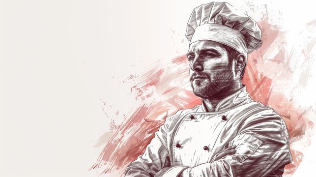 A chef wearing a white toque and jacket crossed his arms and looking at camera with confident smile.