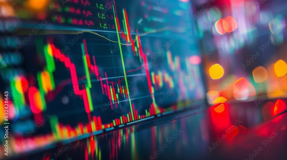 Poster detailed view of a stock chart displayed on a computer screen, showing market trends and fluctuation