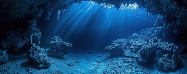 A mesmerizing underwater cave with sunlight piercing through the surface, revealing rocks and...