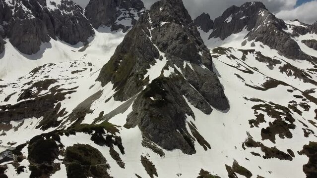 Aerial view of Seebensee lake with Zugspitze in the background, Alpine landscape in spring