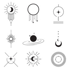 Minimalist icons set,  celestial and geometric line art symbols, including stars, moons, constellations, the sun, and shooting stars icons, and various spaces in black on a white isolated  background