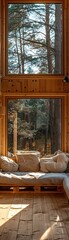 Cozy wooden cabin with large windows offering a picturesque view of a forest, sunlight pouring in, creating a warm and inviting space.
