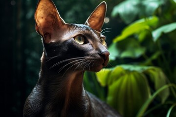 Obraz premium Portrait of a happy oriental shorthair cat in front of lush tropical rainforest