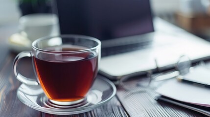 Office desk with a cup of tea, laptop, and notepad, illustrating a productive and relaxed work setting