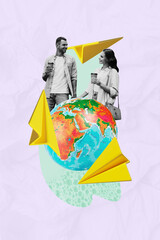 Vertical photo collage of happy couple walk hold cup coffee drink earth globe paper plane flight vacation isolated on painted background
