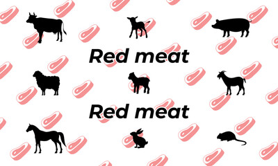Vector animals. Red meat, solid icons. Cow, calf, pig, sheep, lamb, goat, horse, rabbit, nutria. Meat of mammals and birds, which has red shades due to the presence of the protein myoglobin..