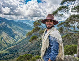 Young Indigenous hiker Man on Mountain Peak