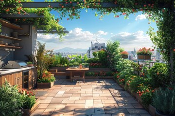 Rooftop garden with an outdoor kitchen and dining area, rich tones, realistic, highdetail illustration, inviting and functional,