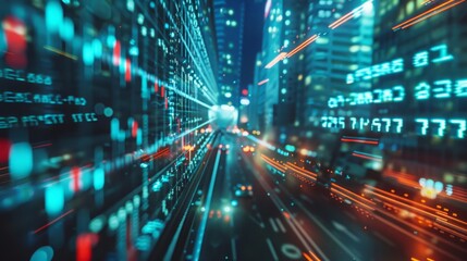 Fototapeta premium A bustling city at night, illuminated by numerous lights and dominated by towering buildings, creating a vibrant and dynamic urban landscape.