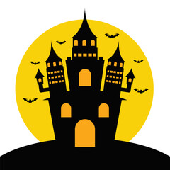 Halloween castle with moonlight and bats flat vector design