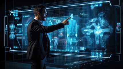 Futuristic in technology innovation research facility with iologram 3D futuristic big screen in lab, Generative AI