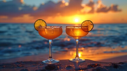 Silhouetted close-up of two margarita glasses toasting, bright beach sunset in the background, focusing on the glass outlines and liquid motion, festive and tropical, high-definition image.